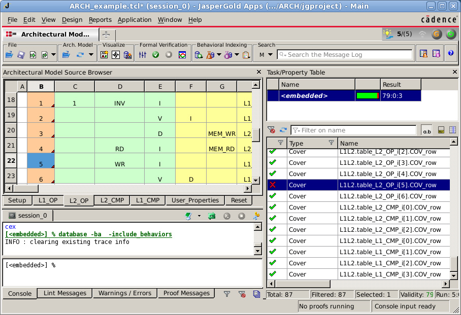 Architectural Modeling App 主窗口：左侧 Architectural Model Source Browser 显示表格模型，右侧 Task/Property Table 列出各行生成的 COV_row 属性