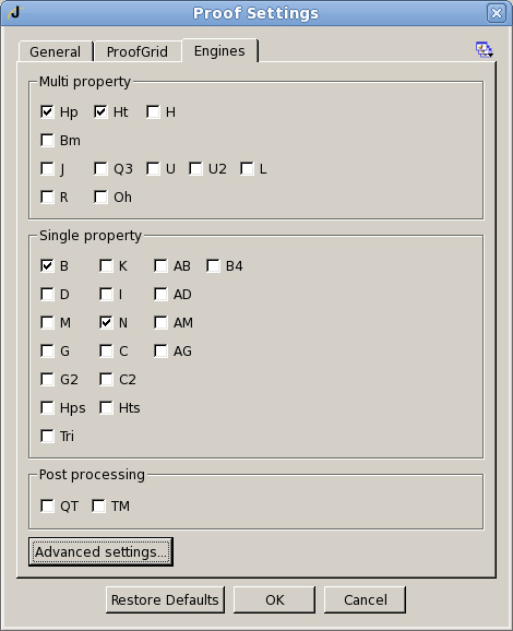 Proof Settings 对话框的 Engines 标签页