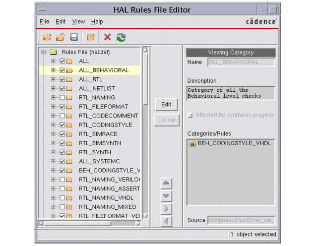 HAL Rules File Editor：左侧是 hal.def 的规则类别树（ALL、ALL_BEHAVIORAL、RTL_CODINGSTYLE 等），右侧显示所选类别的说明及其包含的规则