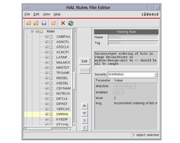 HAL Rules File Editor 的规则视图：选中 RMM 类别下的 DIRRNG 规则，右侧可见其说明、Severity 下拉框（此处为 WARNING）以及 direction / enabled / level / msg 等参数