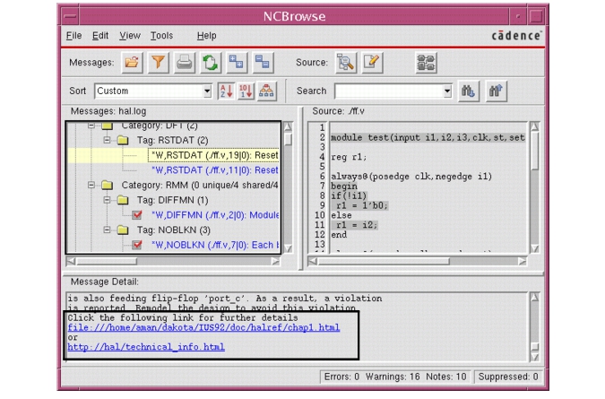 NCBrowse 按类别（DFT、RMM）和 Tag 分组显示 hal.log 消息，下方 Message Detail 给出违规的详细解释与文档链接