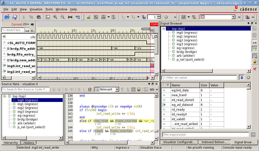 Superlint AUTO_FORMAL 违规的 Visualize 调试窗口：波形、Source Pane 与 Signal Browser 联动